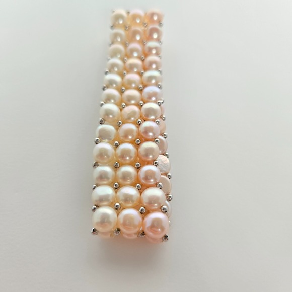 Three‎ Strand Freshwater Multi-Color Button Pearl Stretch Bracelet w/ Sterling - Picture 9 of 10